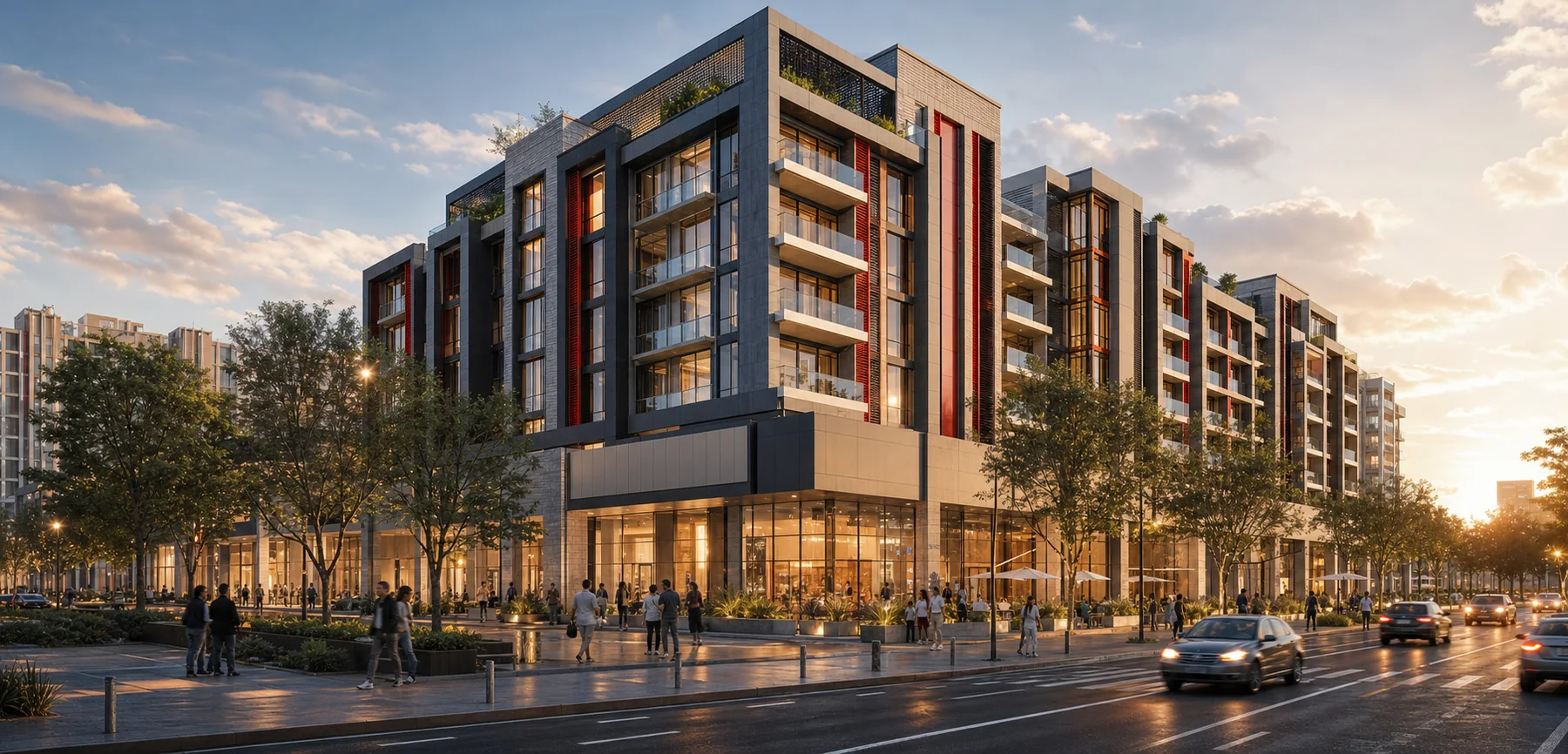 Modern mixed-use real-estate development with retail and apartments