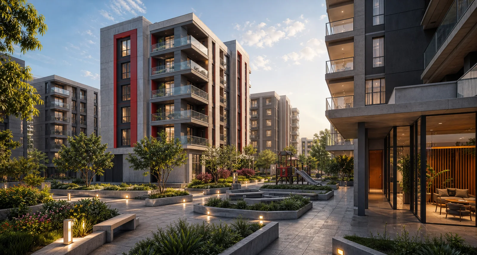 Modern residential apartment courtyard with landscaped shared spaces